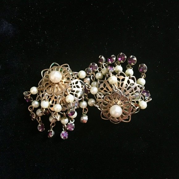 Earrings Vintage Chandelier Gold Pearls Purple Rhi - Picture 5 of 10